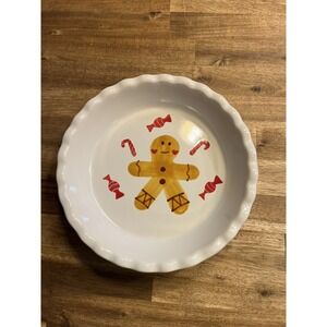 Gingerbread Man Holiday Pie Plate Dish 9" White Candy Canes
